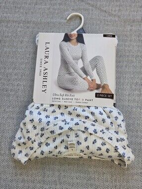 Laura Ashley White Rib-Knit Long Sleeve Top & Pant Set with Blue Floral Print